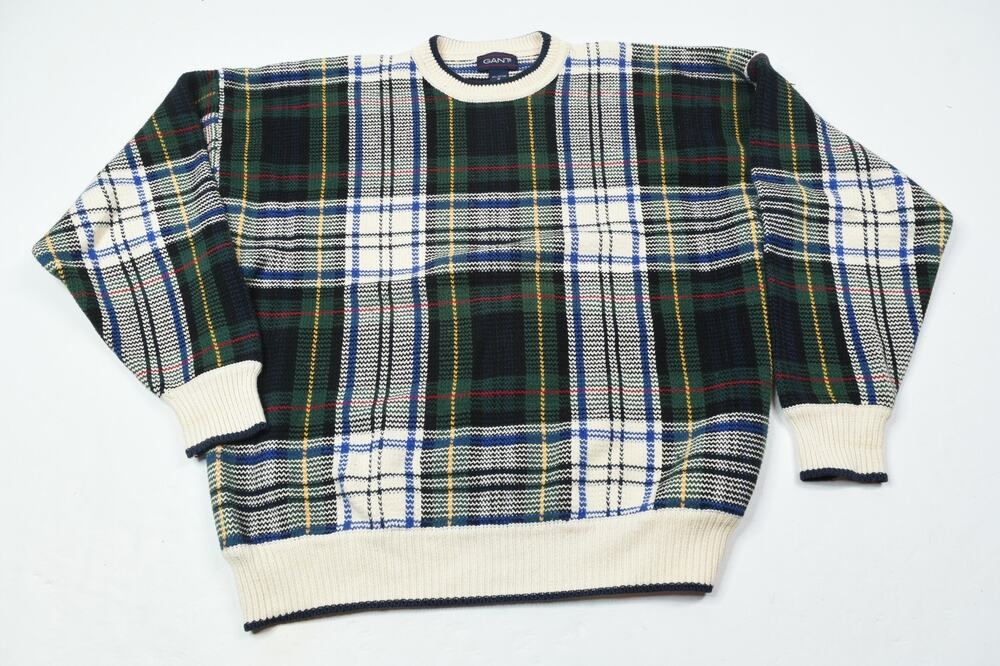Vintage GANT Sweater Mens XL Green Plaid Cotton Knit Long Sleeve Crew Neck